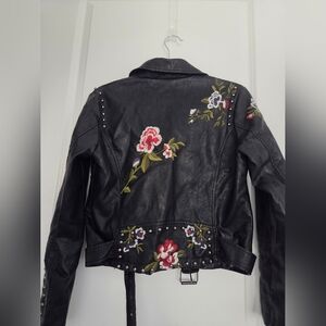 Black Floral Embroidered Faux Leather Moto Jacket